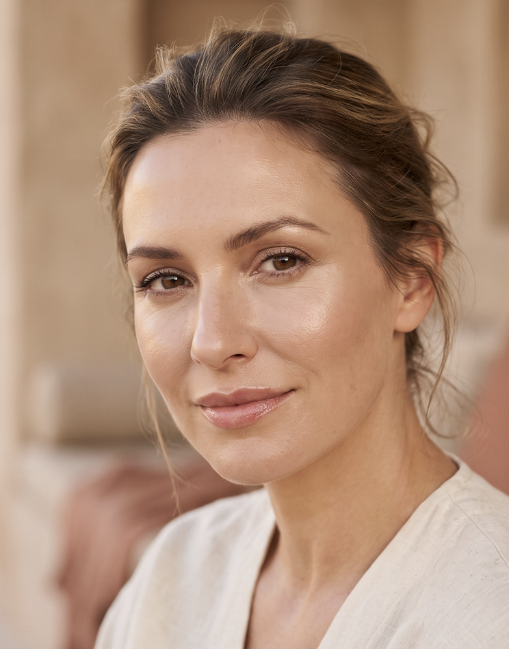 Close-up portrait of a woman with smooth, radiant skin after Botox and dermal filler treatment at Vitality