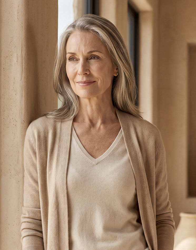 Poised woman with silver hair in warm natural light, representing bioidentical hormone pellet therapy at Vitality in Arizona