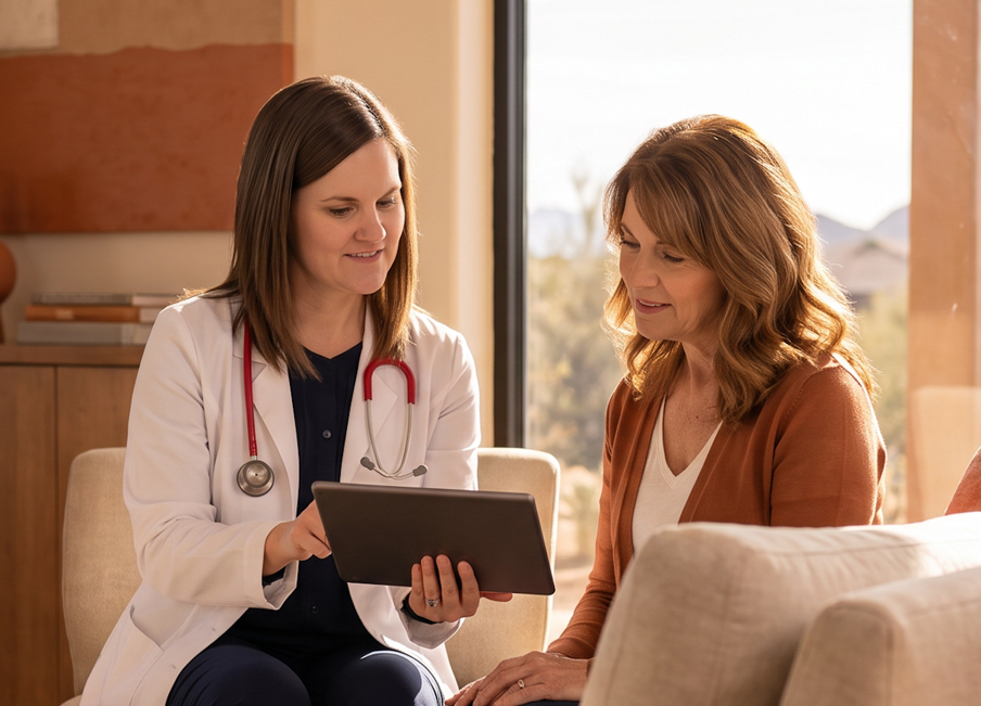 Lab Work and Blood Panels in Mesa and Scottsdale, Arizona | Vitality Med Spa Nurse practitioner reviewing lab results on a tablet with a woman patient in a warm, sunlit Arizona consultation room at Vitality Med Spa