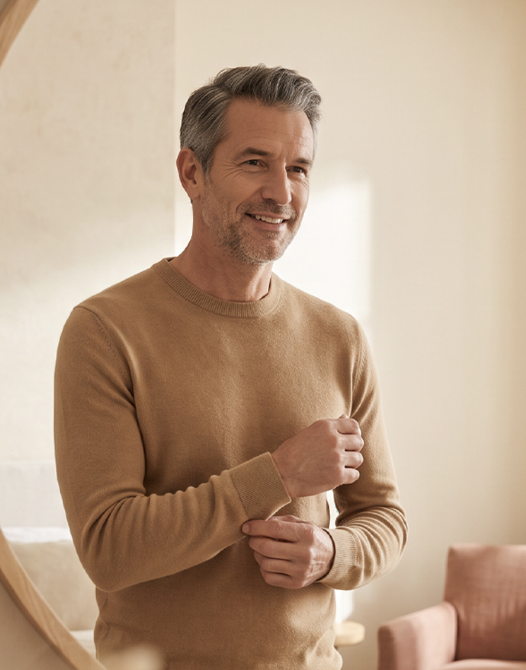 Confident middle-aged man in a warm, sunlit room representing men's health and testosterone care at Vitality