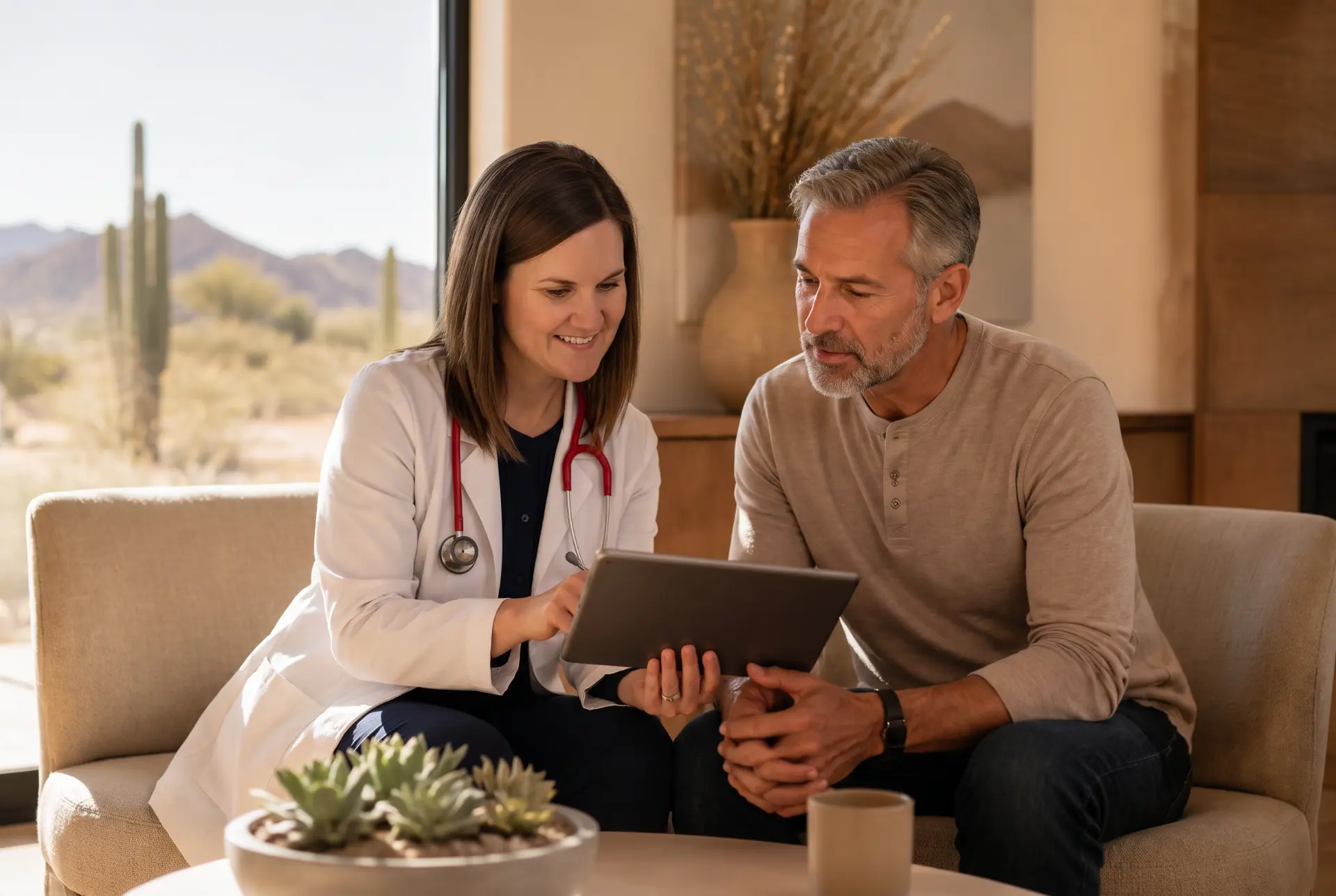 Reviewing your lab results with a Vitality provider Nurse practitioner reviewing lab results on a tablet with a patient in a warm, sunlit Arizona consultation room