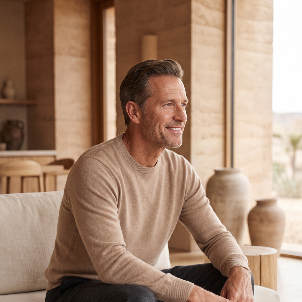 Peptide Therapy in Scottsdale and Mesa, Arizona | Vitality Med Spa Relaxed middle-aged man in a desert-modern home, representing peptide therapy for energy, recovery, and healthy aging at Vitality Med Spa in Scottsdale and Mesa, Arizona