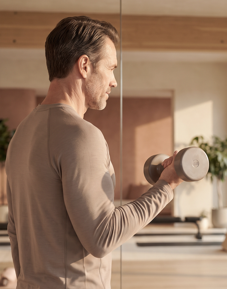 Middle-aged man curling a dumbbell in a sunlit studio, representing testosterone replacement therapy at Vitality in Arizona