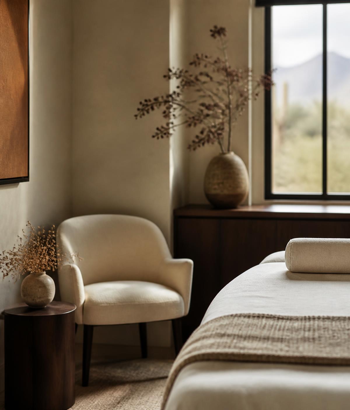 Softly lit consultation room at Vitality Med Spa with warm neutral furnishings and a desert view