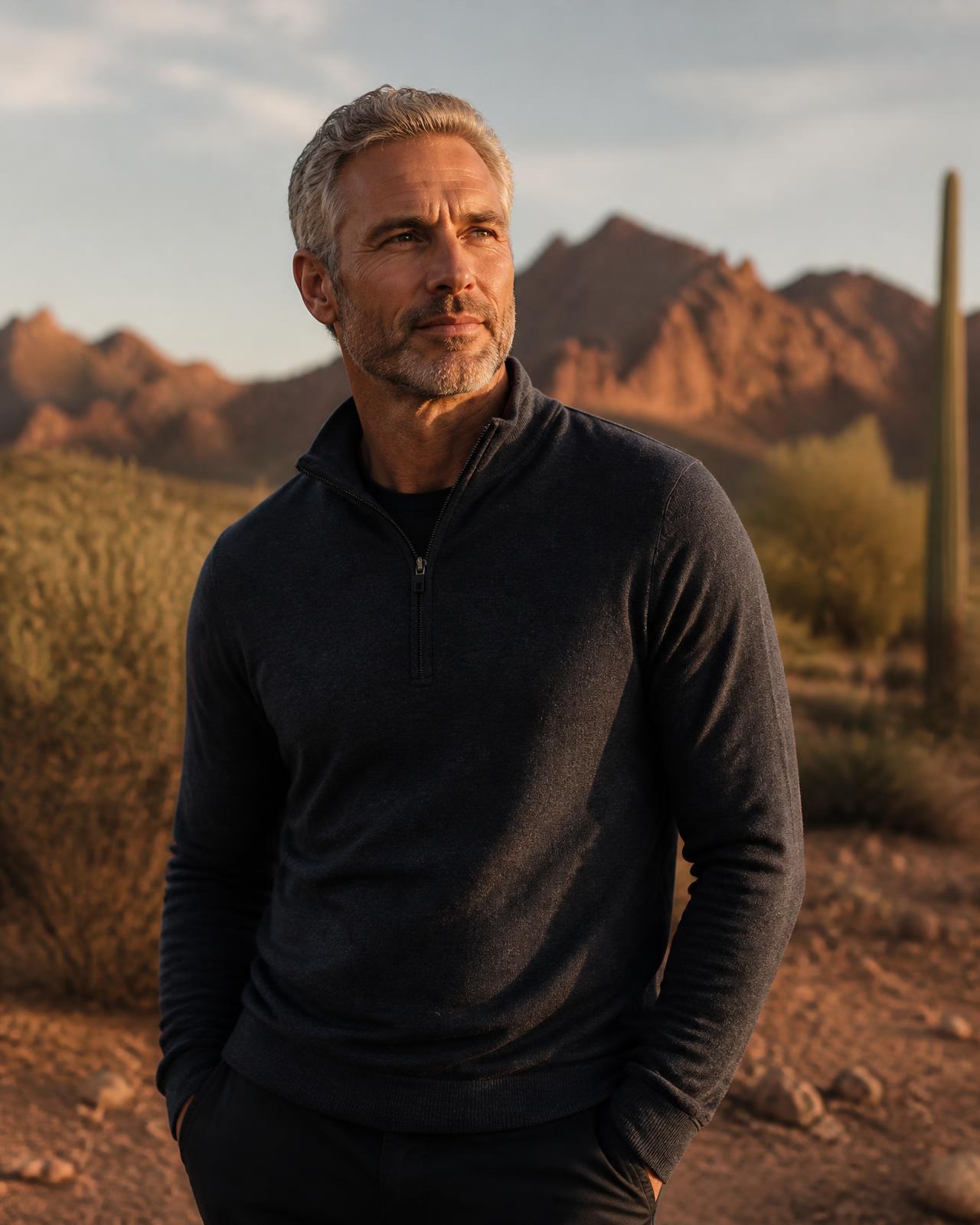 Man in his fifties standing outdoors in warm Arizona light, relaxed and confident