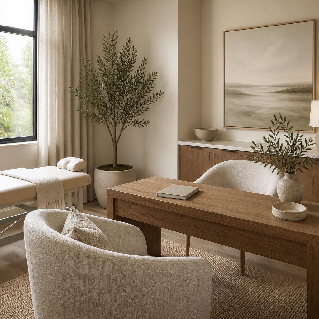 Consultation room at Vitality Med Spa with warm neutral furnishings and natural light